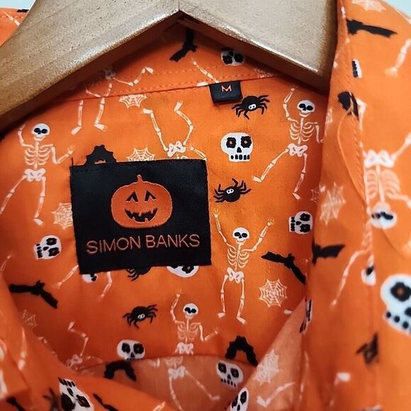 Simon Banks Mens Size Medium Long Sleeve Button Up Orange Halloween Skulls bats - Picture 3 of 5
